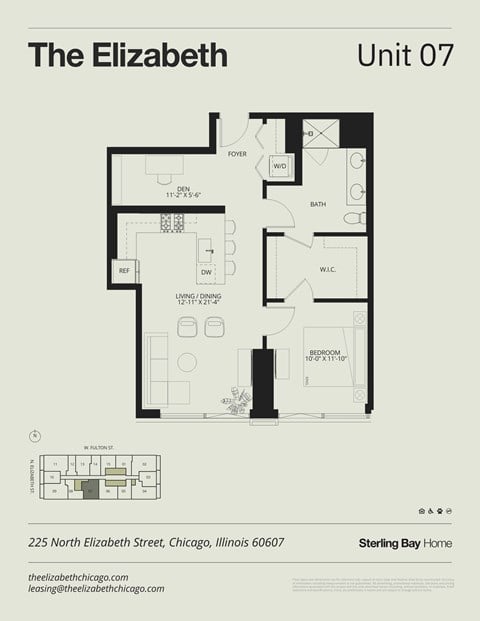 Floor plan for 1 bed, 1 bath, 823 sqft